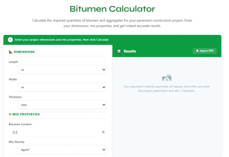 Bitumen Calculator – Estimate Asphalt Quantity & Cost Easily